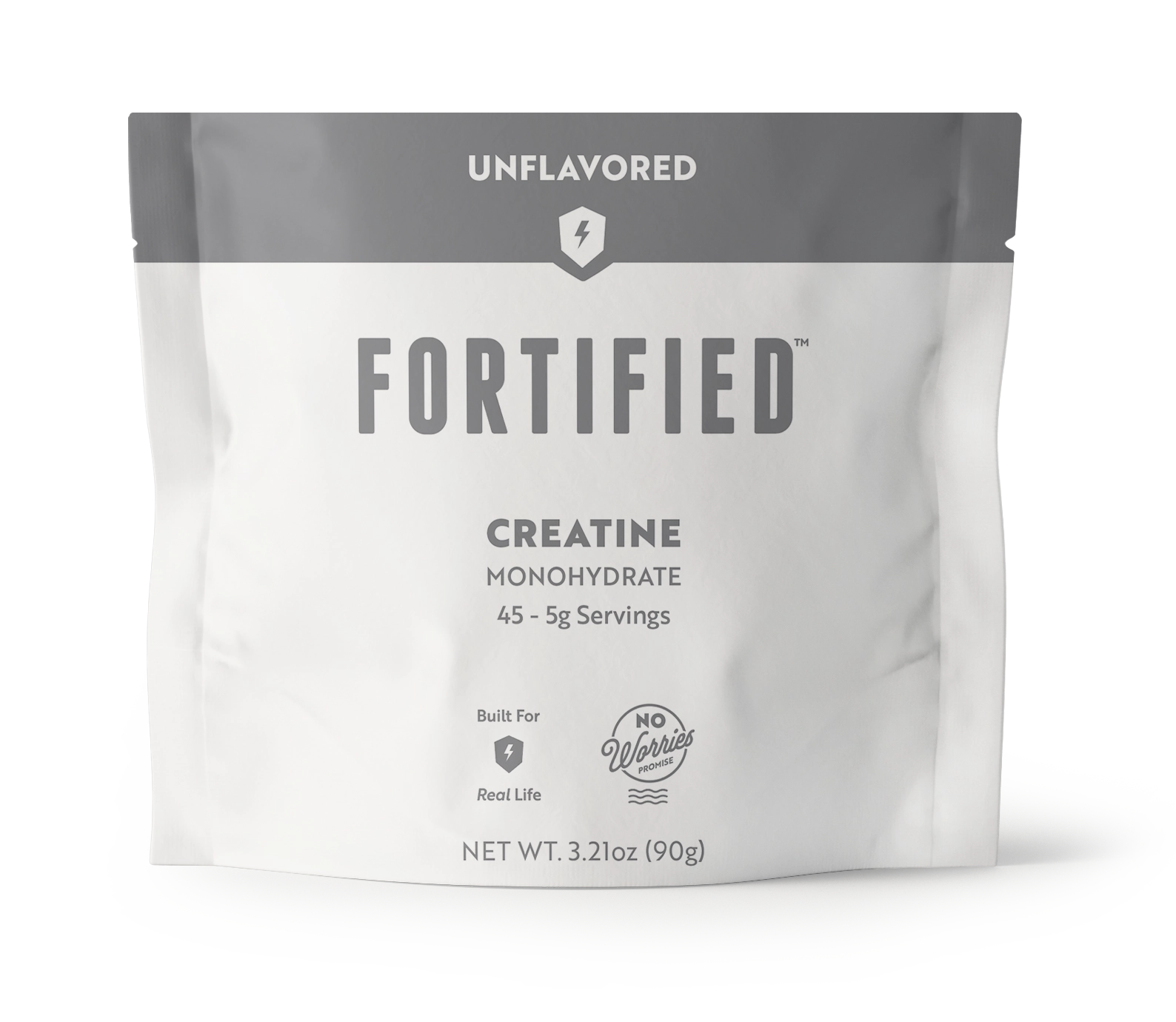 Fortified creatine monohydrate powder package on a white background