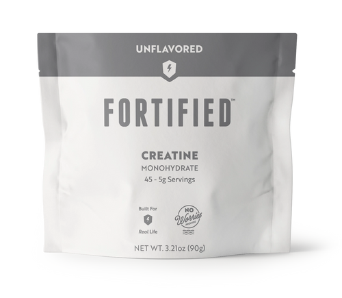 Fortified creatine monohydrate powder package on a white background
