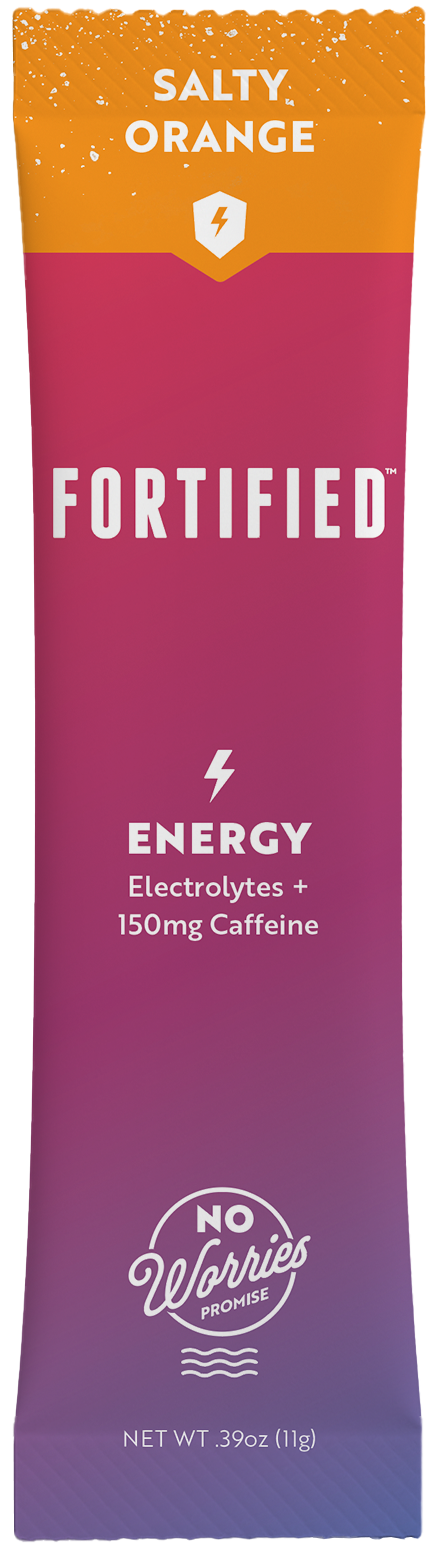 Fortified energy drink stick pack with salty and orange flavor on a purple background