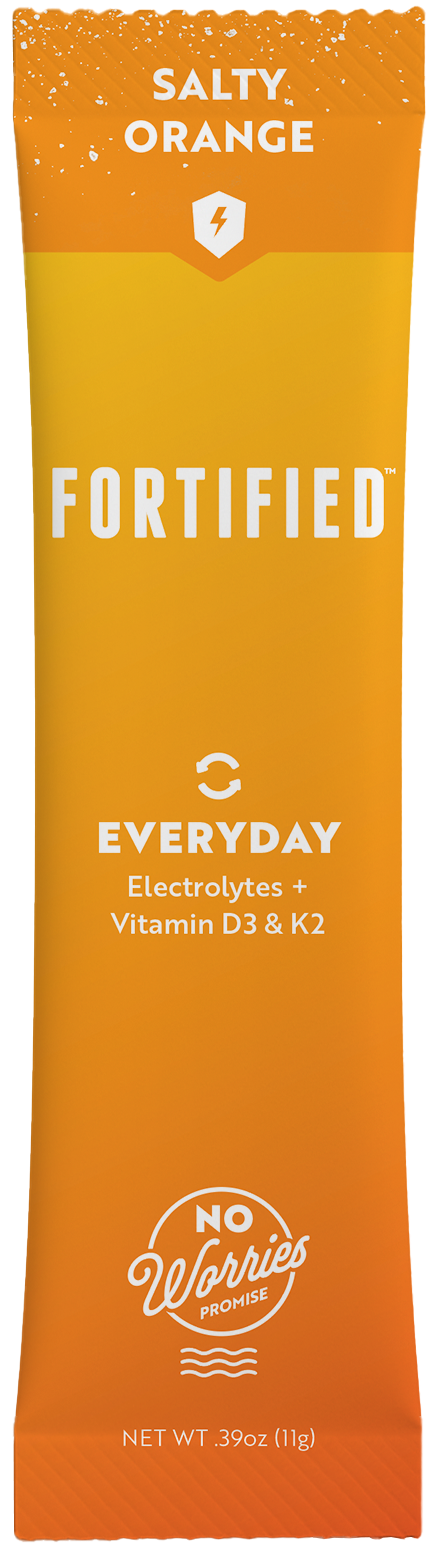 Orange packet of 'Everyday' fortified drink mix with text on a white background